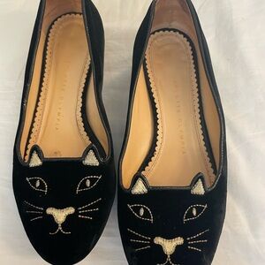 Charlotte Olympia Black velvet Cat kitty Loafers